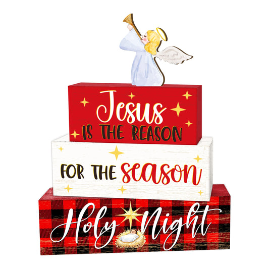 4 Pcs Angel Christmas Decor, Jesus Table Decorations, Holy Night Christmas Tiered Tray Desk Decor Gifts, Wooden Christian Stack Block Signs Table Centerpiece for Farmhouse Office -A03