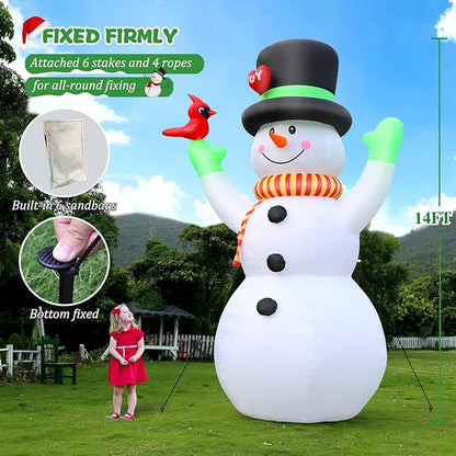 FunFanso 14 FT Christmas Inflatable Snowman with Bird, Blow Up Outdoor Decorations Built-in Bright LED Light, Giant Blow Up Snowman Wear Magic Hat Garden Yard Patio Holiday Mall Display Hall Decor