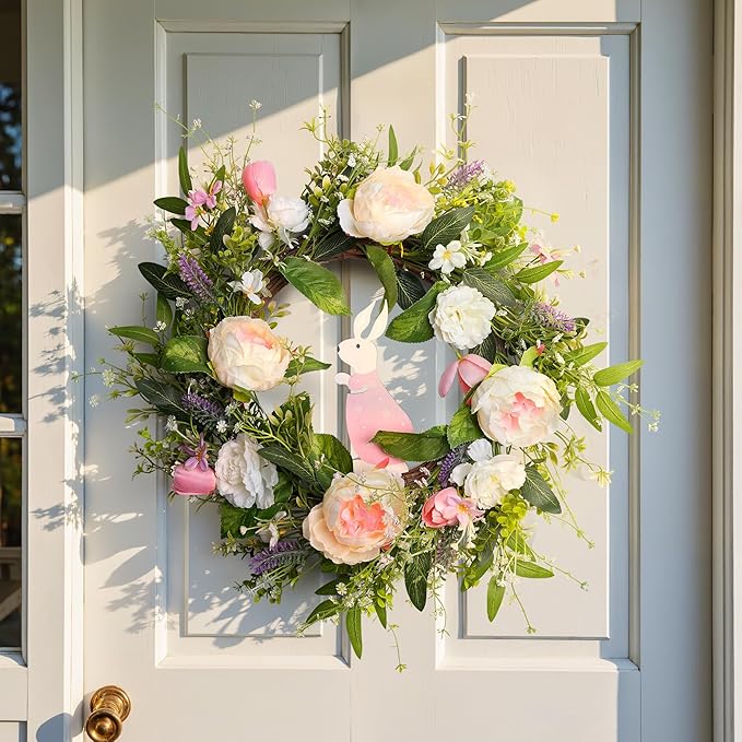 Spring Door Wreath for Front Door with Hook 20-22”, Artificial Spring Door Wreath with White & Pink Peony Lavender Rabbit Wood Sign, Summer Wreaths for Windows Wall Romantic Home Déco