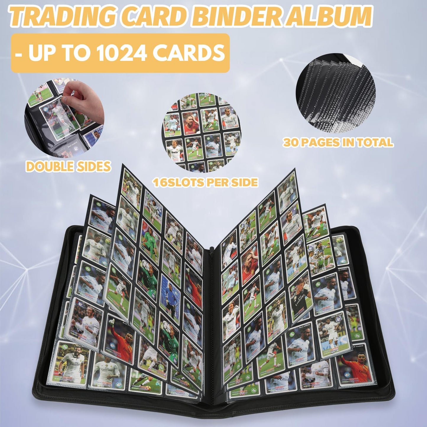 16 Pocket Ringless Side Loading Trading Card Binder, 1024 Cards PU Fixed Page Zipper Card Album for TCG Sports Game Cards, Not Fit Top Loaders (Marble Grey)