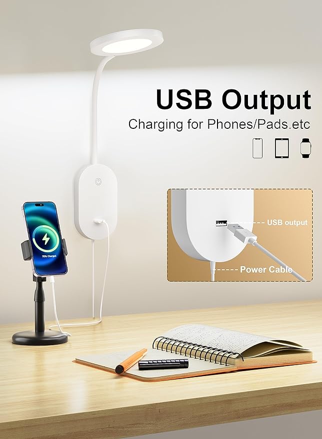 deeloop Wall Mounted Reading Light,Book Lights with USB Output, Reading Lamps for Bed Headboard in 4 Hours Auto-Off, Touch Control Wall Lamp with 5 Dimmable Flexible Gooseneck Bedside Lamps White