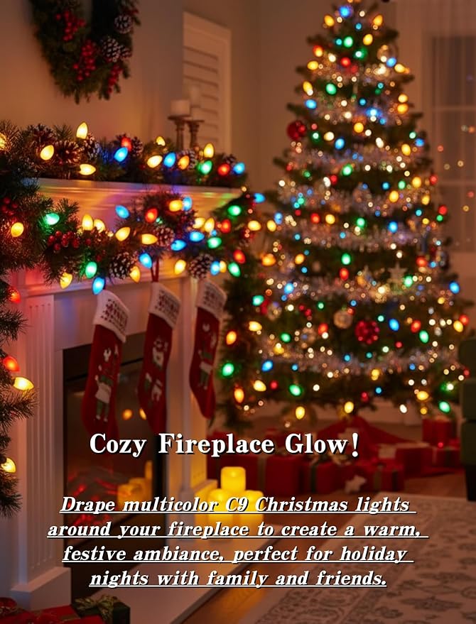 C9 LED Christmas Lights,25FT Vintage C9 Multicolor Christmas Lights Outdoor with 26 Colorful Ceramic LED Bulbs,Connectable Waterproof Light for Outdoor Christmas Decorations Tree Garden Gar