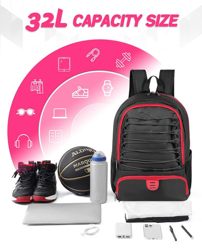 Soccer Ball Bag Backpack for Men Women with Ball & Shoes Compartment 32L Capacity Lightweight Breathable Boys Girls Basketball Bag Backpack Fit Volleyball Football Sports Travel School Gym Red Edge