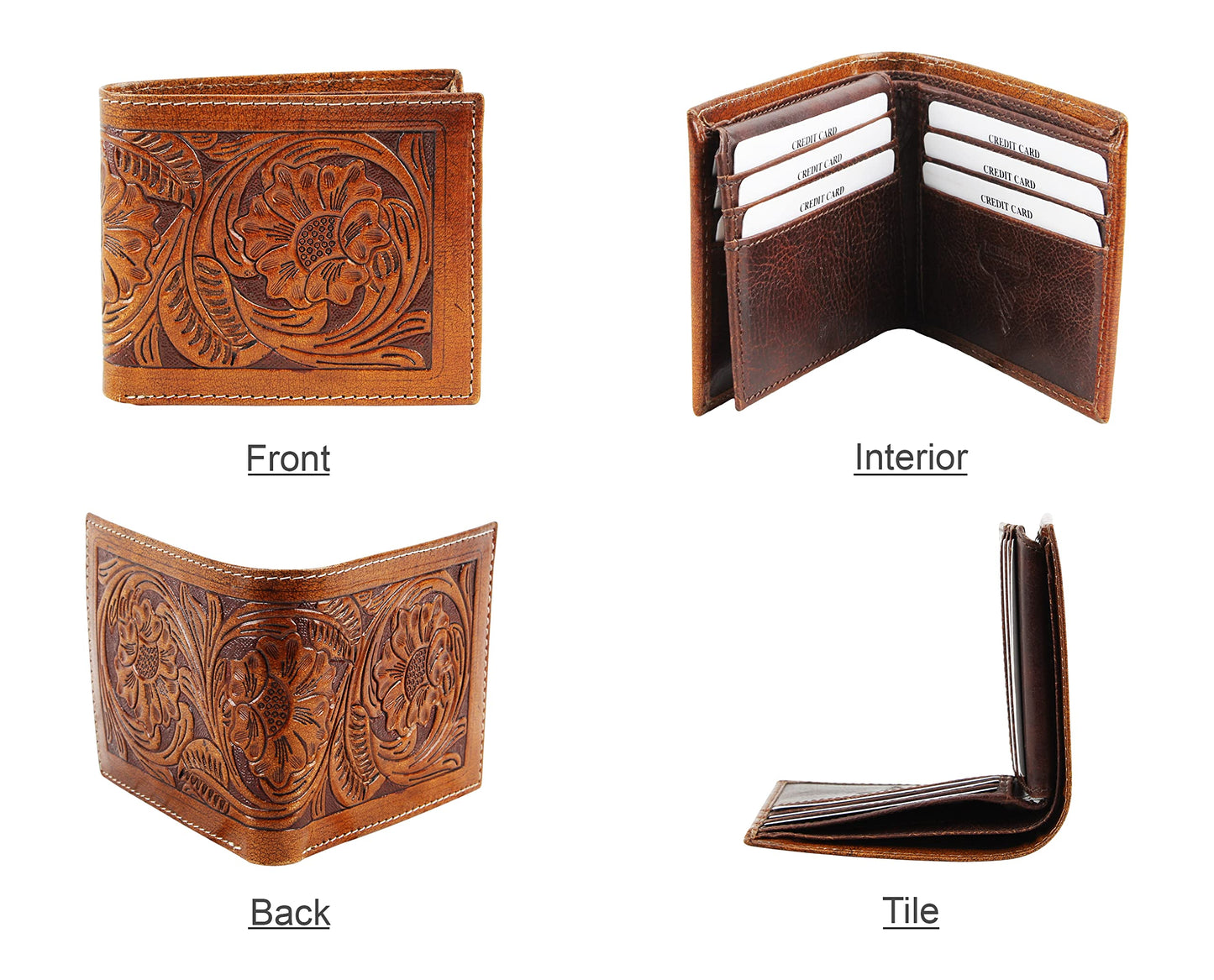 American Bison RFID Wallet for Men – Hand-Tooled Floral Cowhide Leather Bifold Wallet with Gift Box (Light Brown)