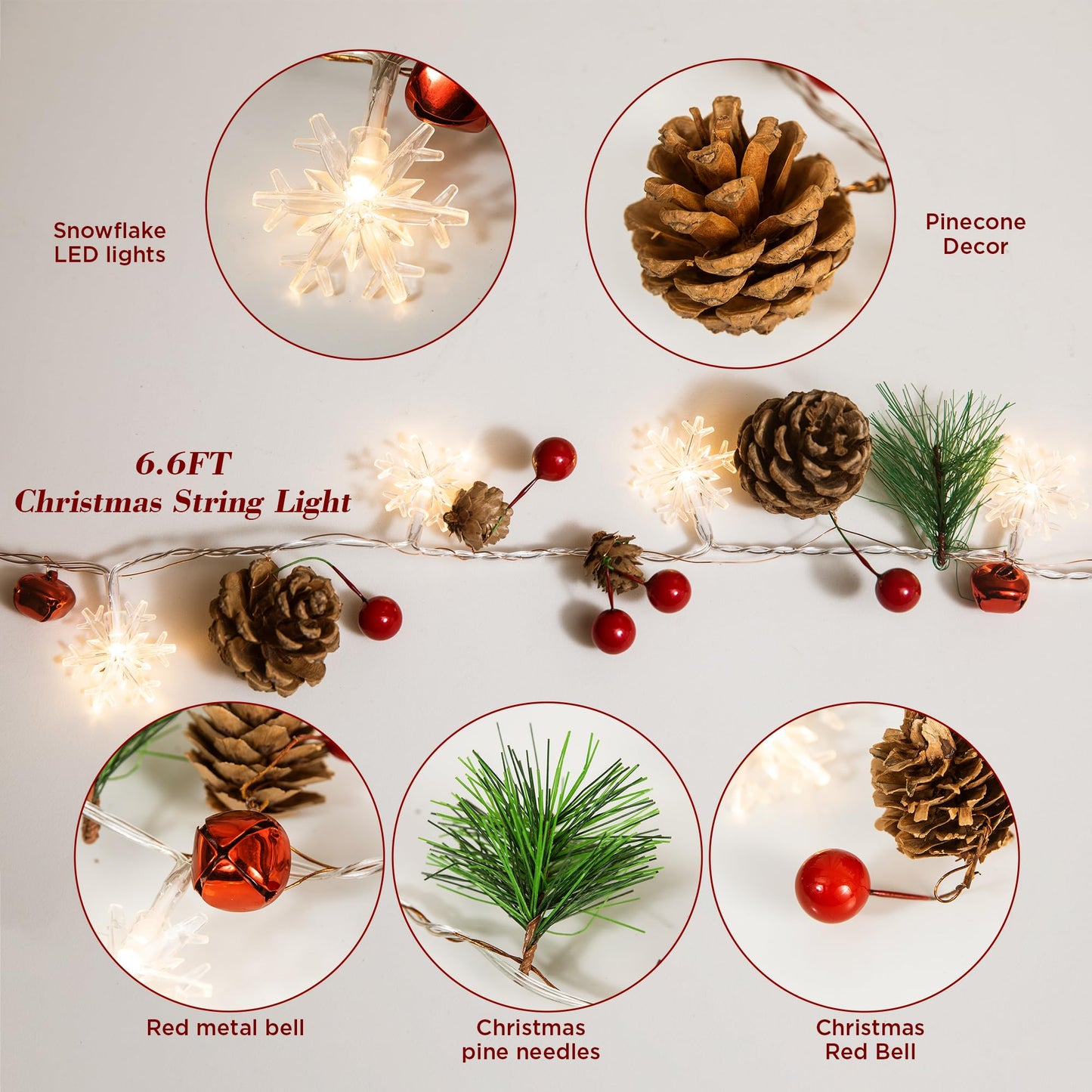 Christmas Garland with Lights,6.6FT Snowflake Pinecones Christmas String Lights with Remote Control,20 LEDs Battery Operated Garland for Christmas Decorations Indoor/Outdoor (Warm White)