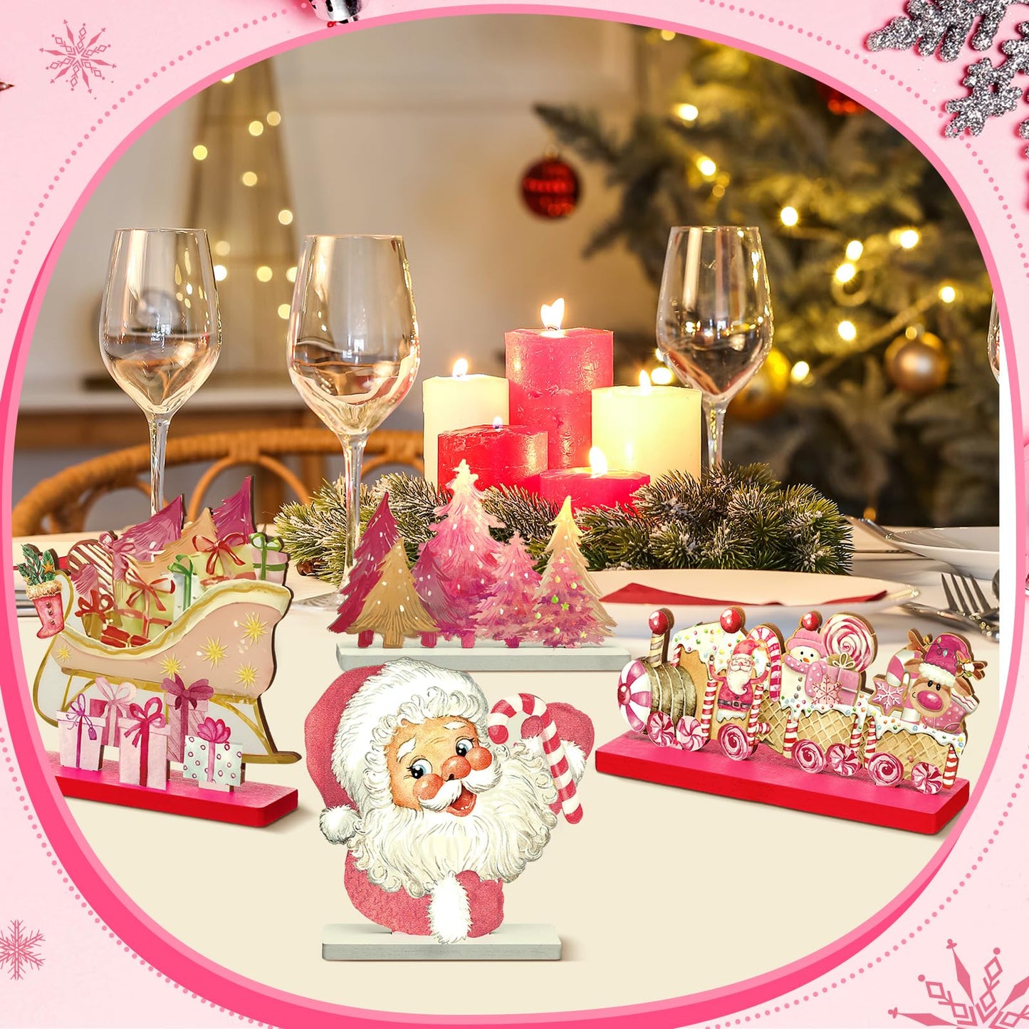 Wonderjune 6 Pcs Christmas Table Decorations Pink Wooden Christmas Table Centerpieces Pink Xmas Decor Snowman Santa Claus Tabletop Sign Merry Xmas Ornament for Holiday Party Supplies