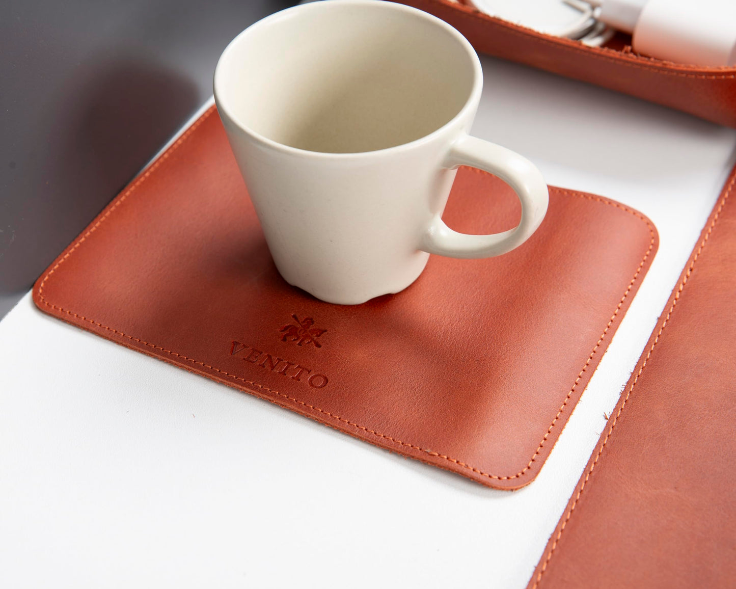 VENITO Leather 3-in-1 Desk Mat Set – Desk Mat (32"x16"), Organizer Tray & Cup Coaster – Full-Grain Leather Desk Pad for Office & Home – Elegant Workspace Accessories for Men & Women, Cinnamon