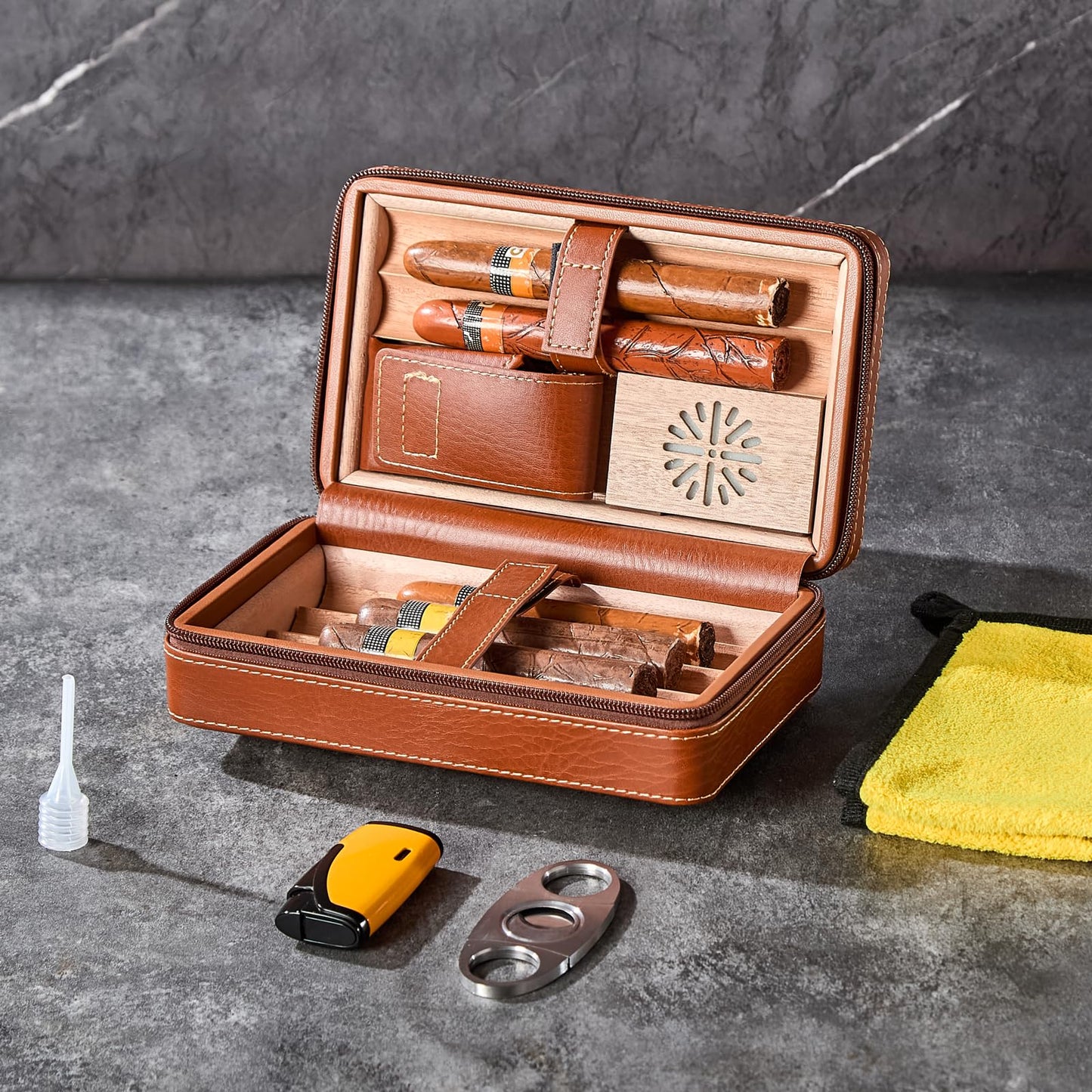 WANTHER Leather Cigar Case, Travel Humidor Holds 6 Cigars, Brown Cedar Wood Box with Cigar Cutter, Humidifier, Lighter & Towel, Portable Cigar Holder for Men, Office & Travel Gift Set, Ideal for Home