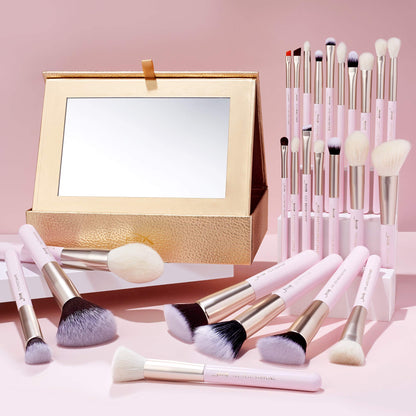 Jessup Brand 25pcs Professional Makeup Brush Set Beauty Cosmetic Foundation Powder Blusher Eyeshadow Blending Highlight Concealer Natural-Synthetic Hair Brushes Set (Pearl White/Silver)