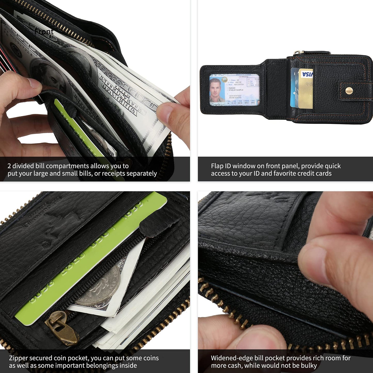 Zipper Wallet Men RFID Blocking Leather Bifold Wallets For Men - Flap ID Window Zip Coin Pocket Mens Zipper Wallets - Big Capacity Credit Card Travel Wallet (Black)