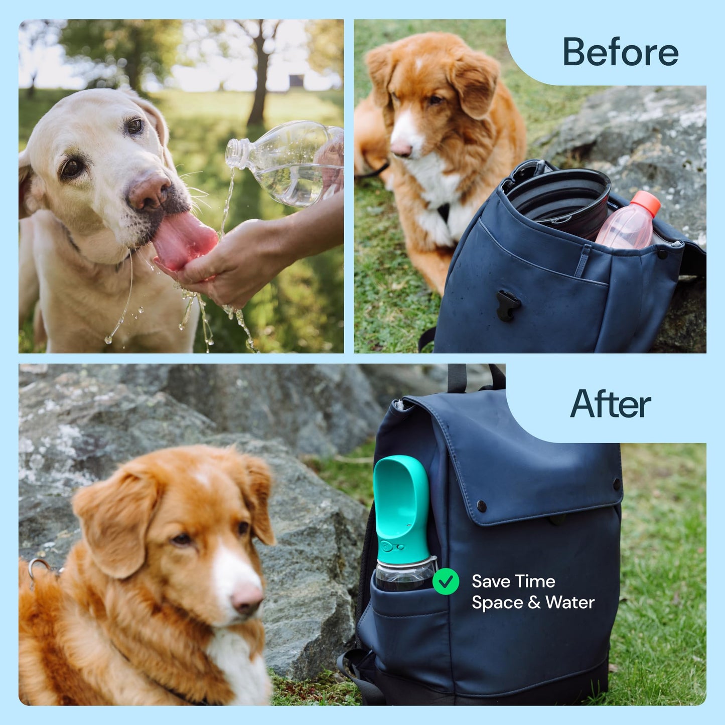 MalsiPree Leak Proof Portable Dog Water Bottle & Dog Travel Water Bottle Dispenser with Bowl - 12 oz, Blue - Food Grade Plastic- Puppy Essentials - Pet Travel Portable Doggy Bowl