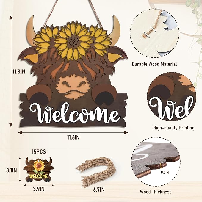 Highland Cow Front Door Decorations - Interchangeable Welcome Sign for Front Door with 15 Set Changeable Icons for Seasons Holiday Thanksgiving Christmas Door Decor