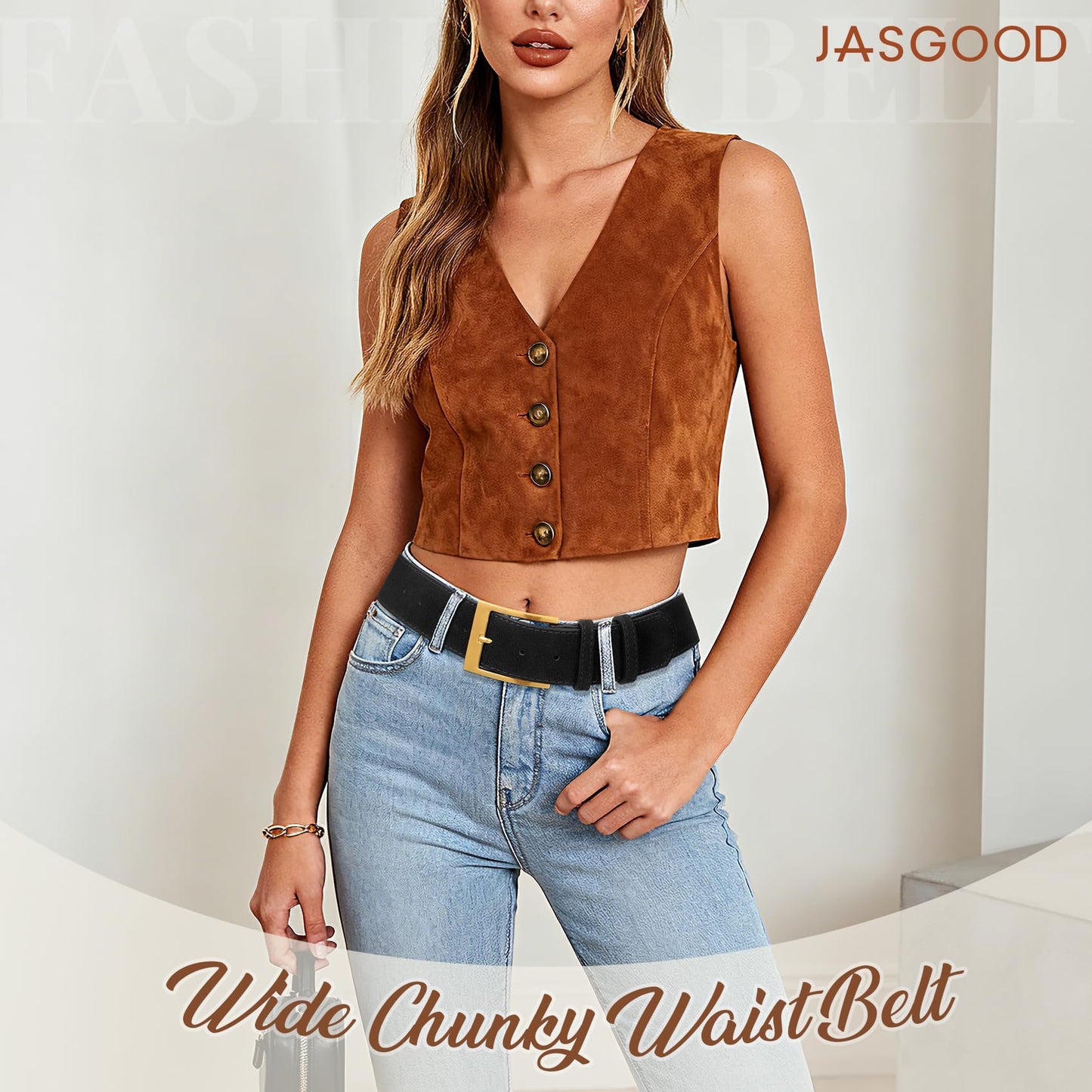 JASGOOD Women Wide Chunky Belt for Dresses Thick Suede Leather Belt with Gold Buckle
