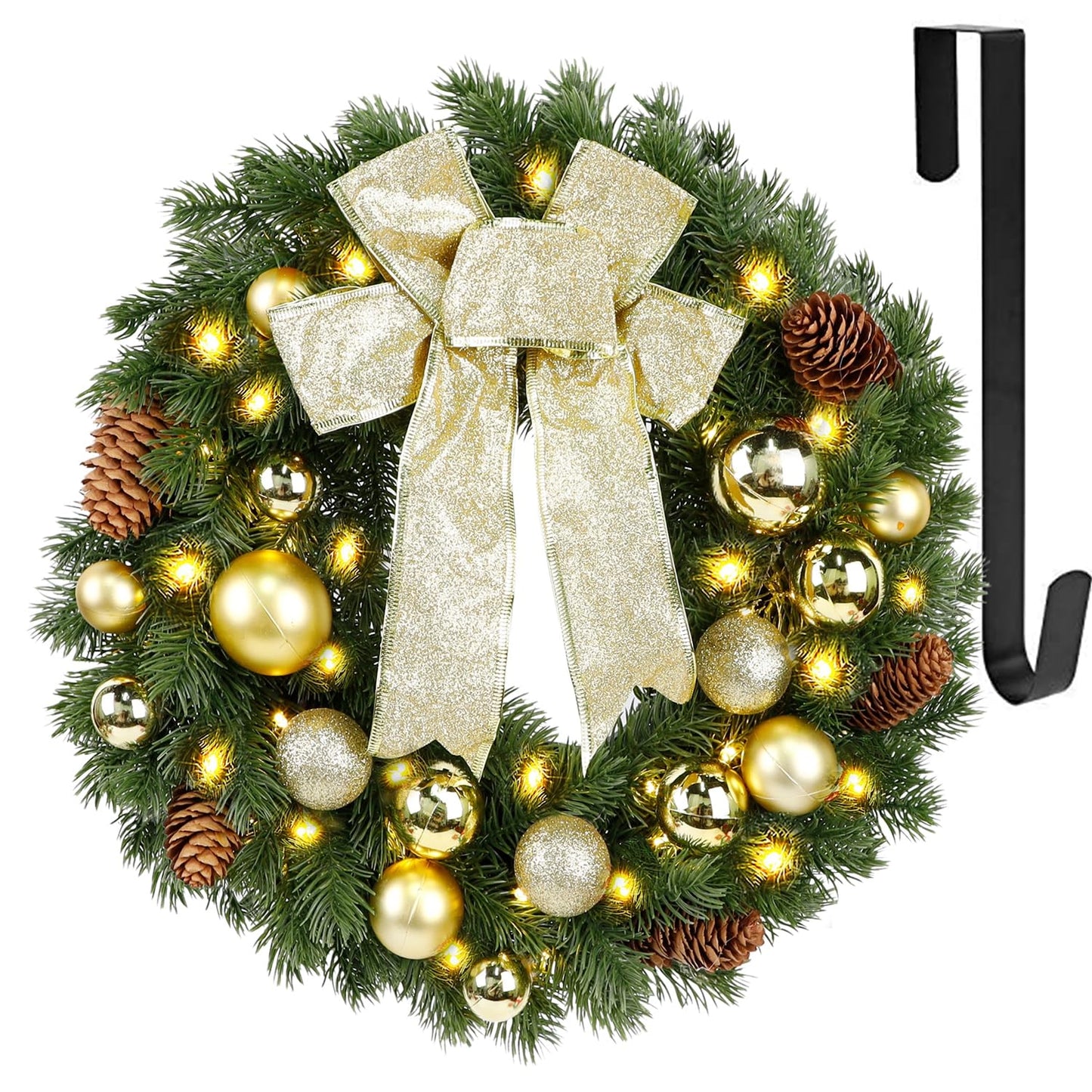 Hausse Lighted Christmas Wreath with Metal Hanger, Pre-lit Xmas Wreath with Large Golden Bow & Balls, Battery Operated with 40 LEDs Lights, for Front Door Gate Wall Christmas Party Decorations