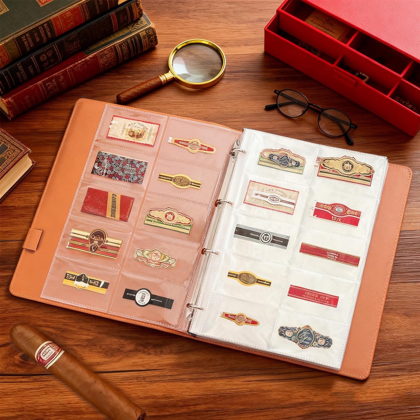 Cigar Label Album Binder, 50-Sheet Refillable Collector Book Holds 1000 Cigar Bands, PU Leather Hard Cover Cigar Label Storage Organizer, 12.6" x 10.6" Durable Display Folder for Cigar Lovers
