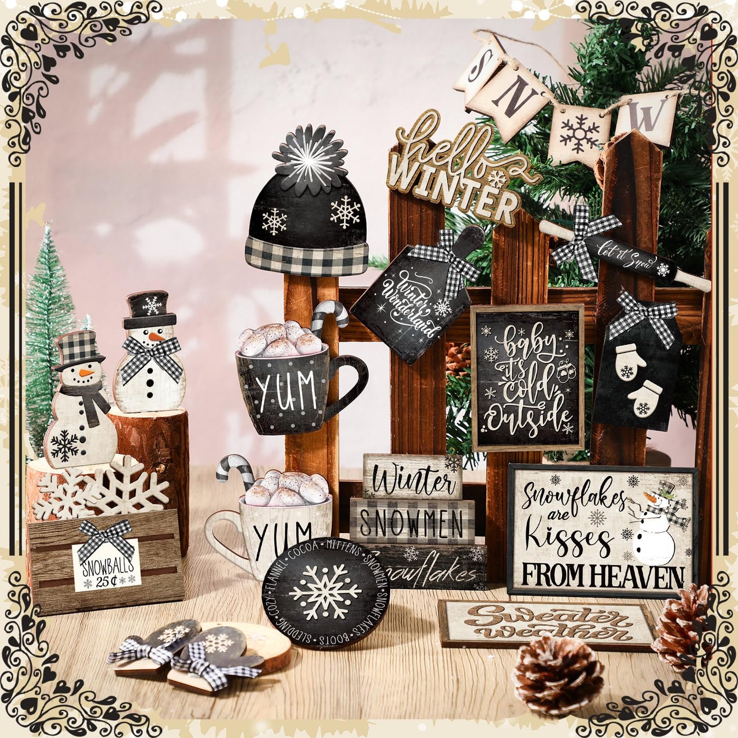 CroBlissful 23 Pcs Christmas Winter Tiered Tray Decor Snowman Farmhouse Decor Winter Tiered Table Centerpieces Wood Blocks Signs for Home Shelf, Without Tray(Black, White,Snow)