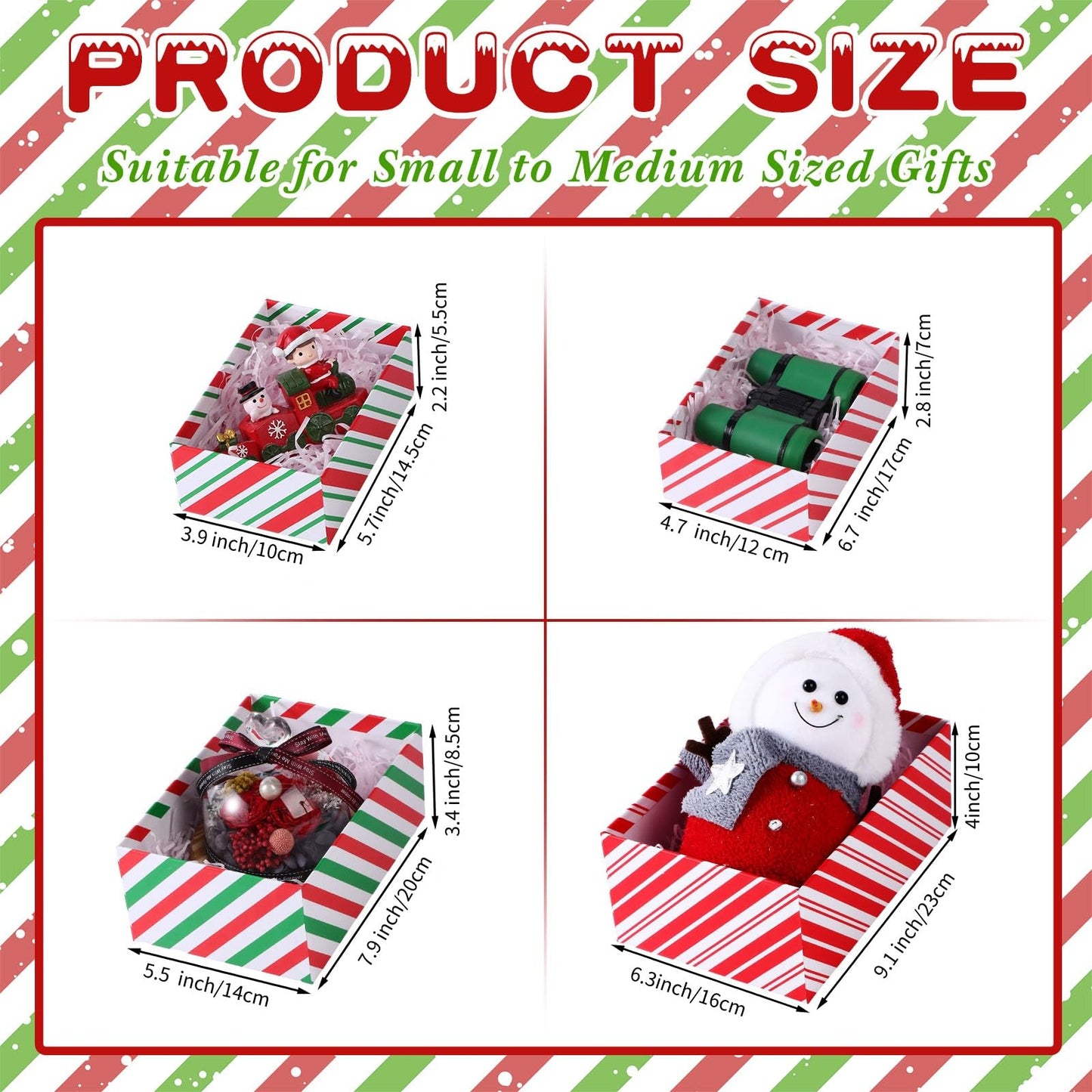 Zhanmai 4 Pcs Christmas Nesting Gift Boxes Christmas Hard Stackable Boxes with Lids Decorative Xmas Nested Present Boxes for Birthday Party Gift Supplies (Red, White, Green, Striped)