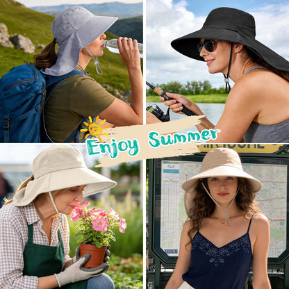 Sun Hat for Women with Neck Flap Ponytail Hole Women Sun Hat Rollable UV Protection Fishing Hat Wide Brim UPF 50+(Pink)