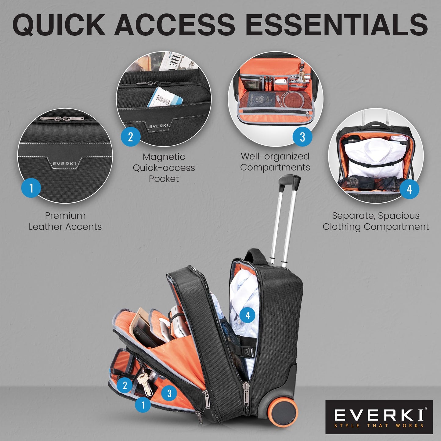EVERKI Journey 27L Rolling Laptop Briefcase – Carry On Luggage with Wheels for Business Travel Lightweight Mobile Office Work Bag with Padded Compartment & Tablet Pocket Fits Laptops up to 16" – Black