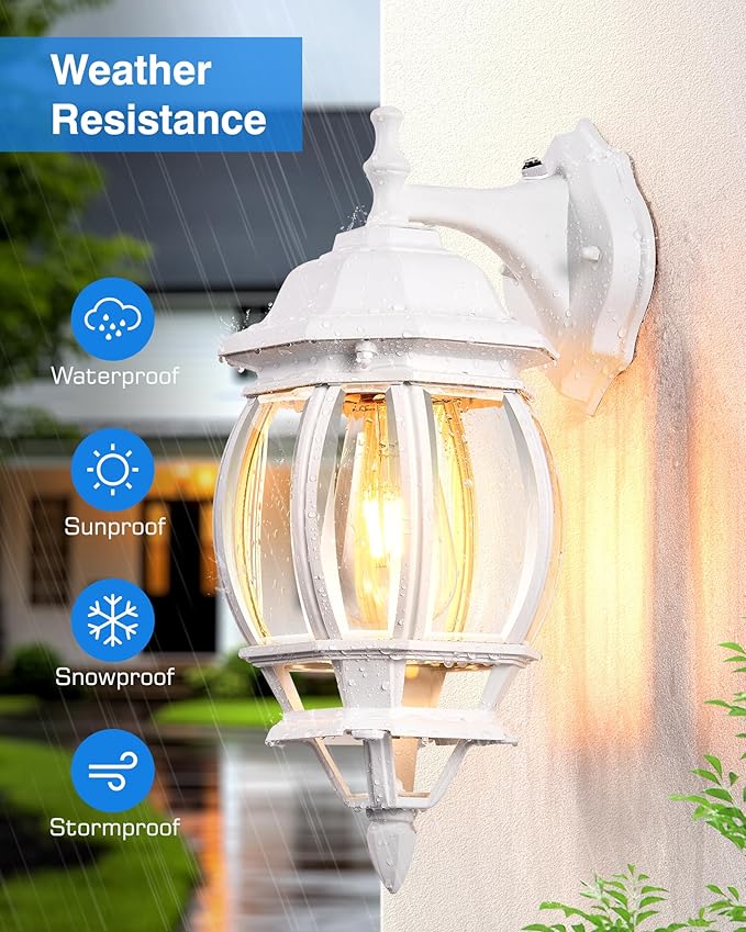 VIANIS Outdoor Light Fixtures Wall Mount for House, White Exterior Wall Sconce Lanterns Lights for Porch, Modern Dusk to Dawn Outdoor Garage Lighting for Front Door with Tempered Glass, Anti-Rust