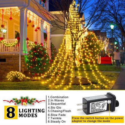 Nielfoi 12FT 344 LED Christmas Tree Lights, Plug in Waterfall String Lights with Topper Star, Waterproof 8 Modes Outdoor Christmas Decorations for Indoor Patio Yard Lawn Party, Warm White