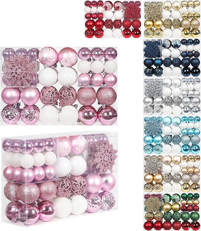 SY CRAFT 86 Pieces of Assorted Shatterproof Christmas Ball Snowflake Ornaments Seasonal Decorative Hanging Ornament Set with Hand-held Gift Package for Xmas Tree Decorations (86PCS, Pink)