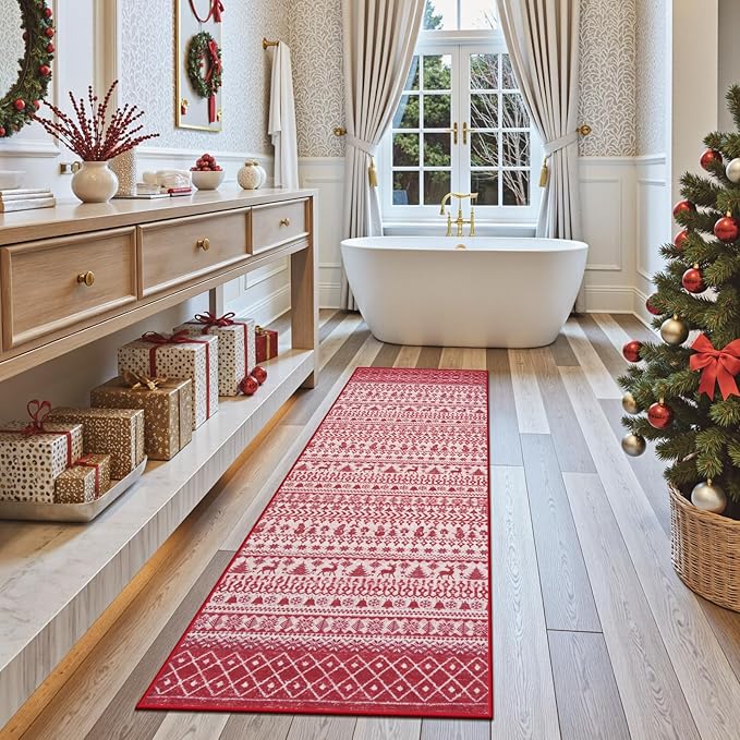 Christmas Runner Rug, 2x6 Red Christmas Kitchen Runner Rug, Non-Slip Washable Indoor Door Mat, Winter Xmas Holiday Floor Decor Carpet Runners for Hallways Bedroom Laundry Room