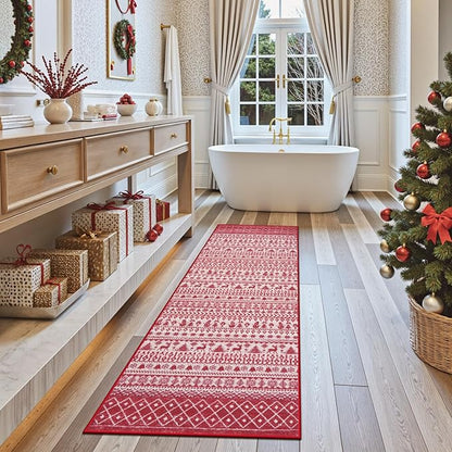 Christmas Runner Rug, 2x6 Red Christmas Kitchen Runner Rug, Non-Slip Washable Indoor Door Mat, Winter Xmas Holiday Floor Decor Carpet Runners for Hallways Bedroom Laundry Room