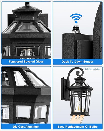 Outdoor Light Fixtures Wall Mount, Black Exterior Sconce Lights Waterproof, Dusk to Dawn Porch Light with Beveled Glass, 100% Aluminum Outdoor Wall Lantern for Garage, Outside Lights for Patio