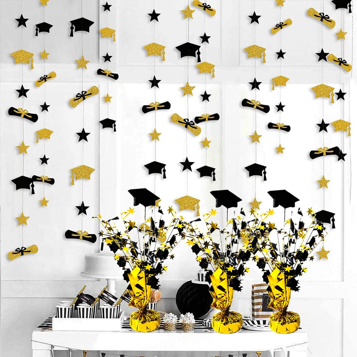 FUBININA 6 Pack 2026 Graduation Table Centerpiece Party Decoration Metallic Foil Spray Glitter Graduate Cap Decor Star Table Top for Graduation Parties Grad Ceremonies Party Favor, Black and Gold