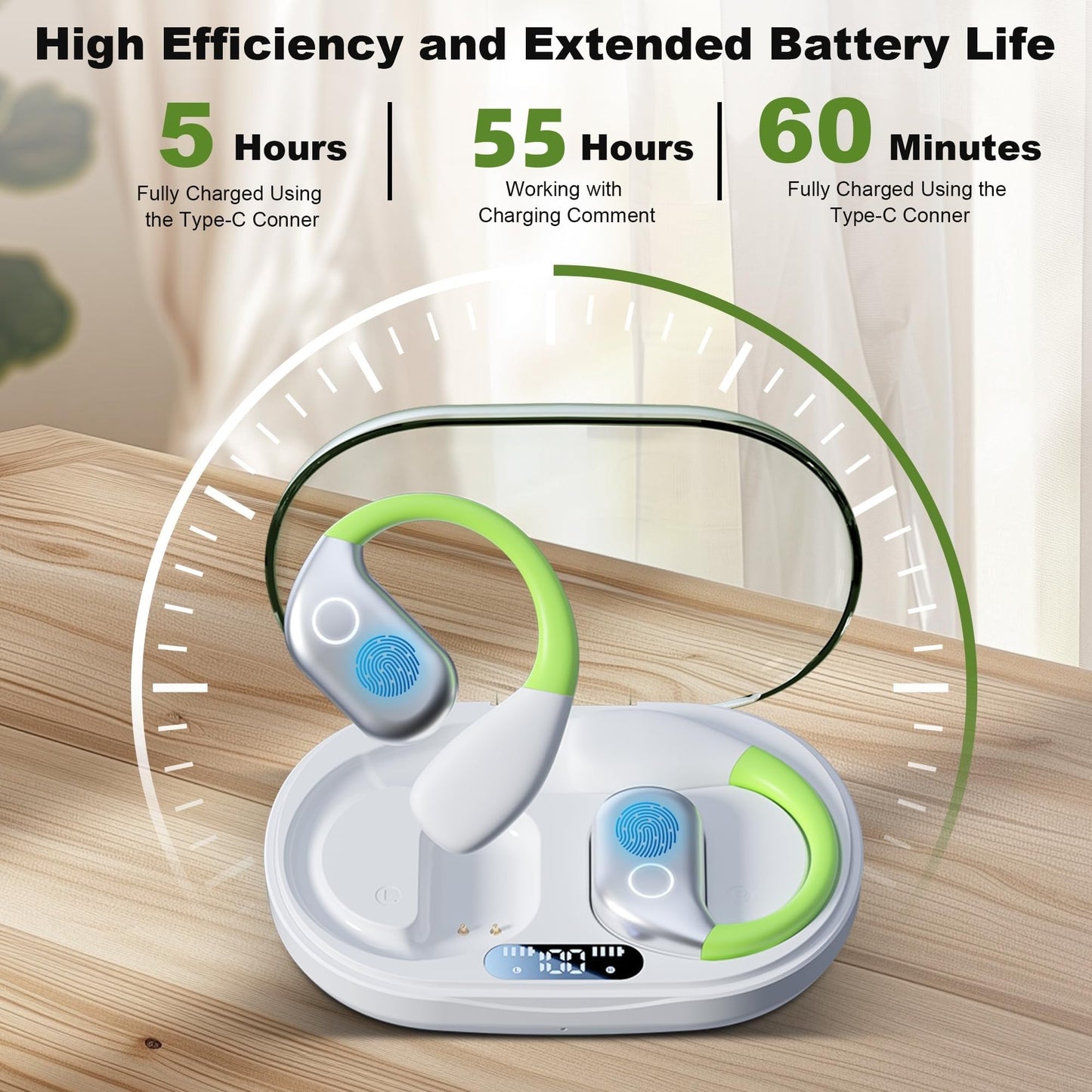 HJX OWS M82 Open Ear Earbuds Wireless Earphones Bluetooth 5.3 Headphone Sport, 55hrs Long Battery Life,Stereo Deep Bass Over Ear Bud with Earhooks, ENC Noise Cancelling Mic, Workout/Running(White)