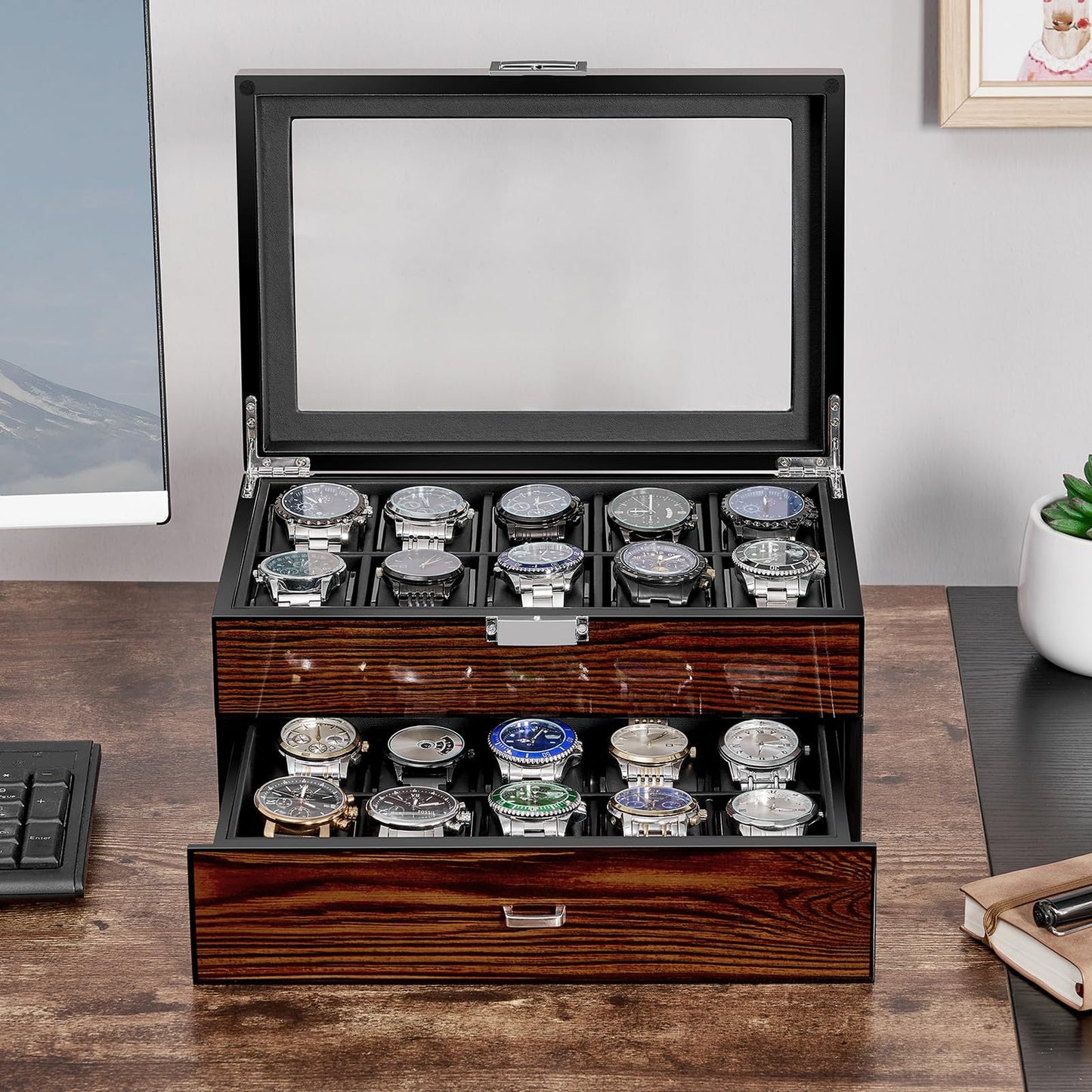 BEWISHOME High-End Watch Box, 20-Slot Watch Case with Large Glass Lid, Wooden Watch Cases for Men, Watch Storage, Watch Organizer, Synthetic Leather Interior, For Father's Day Brown SSH04Y