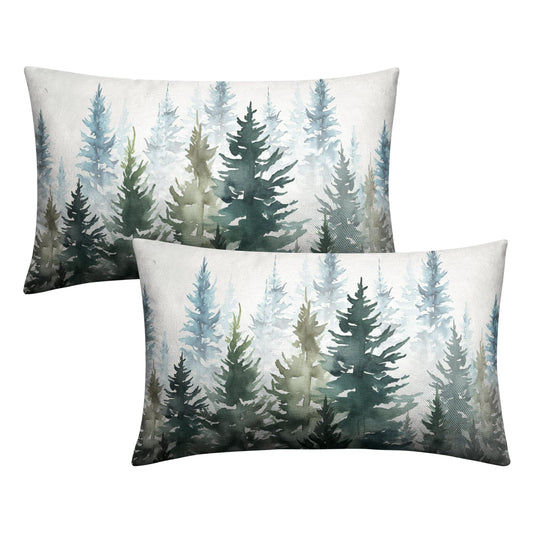 Wnoesat Watercolor Dark Green Christmas Tree Lumbar Pillow Covers 12x20 Set of 2 Winter Rustic Nature Forest Throw Pillow Covers Xmas Pine Trees Linen Pillow Cases for Farmhouse Living Room Decor