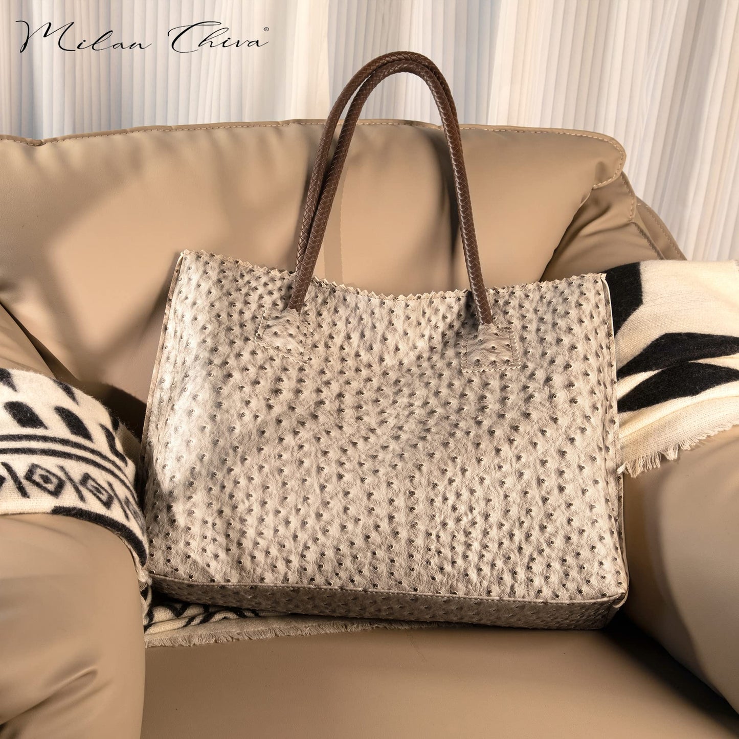 Milan Chiva Leather Tote Bag for Women with Zipper Large Ostrich Hobo Purse Shoulder Purses and Handbags Light Gray Gift MC-1038LGY