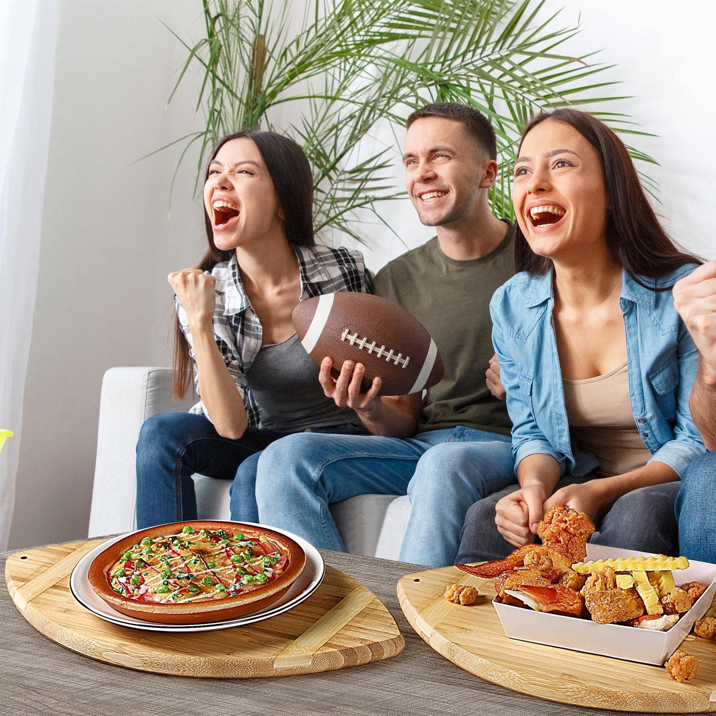 Foaincore 2 Pieces Football Shaped Cutting Board Bamboo Charcuterie Serving Tray Gift Set 15 Inch for Football Lovers Touchdown Themed Party Decoration Favor Supplies