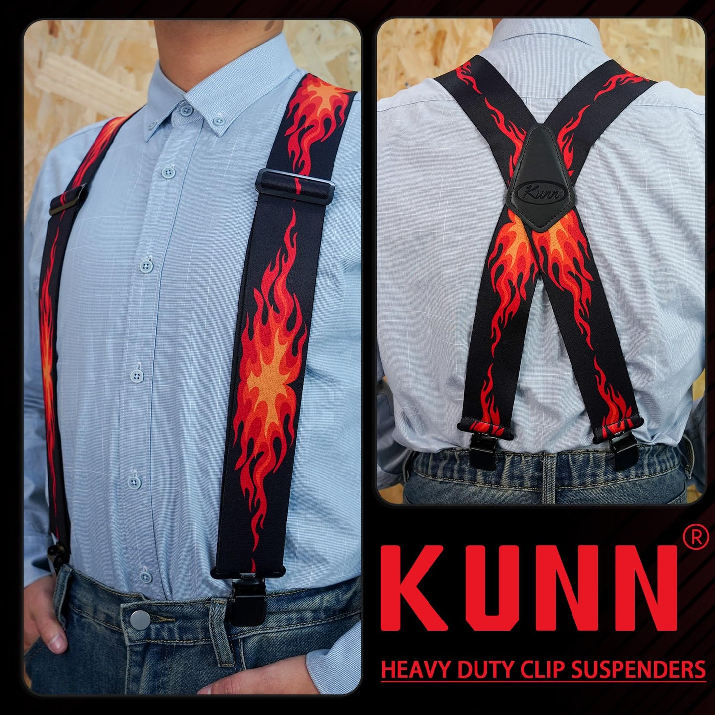 KUNN Suspenders for Men 2Inch Wide Adjustable Elastic Suspender Heavy Duty Clips Work Suspenders
