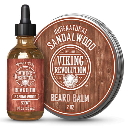 Viking Revolution Sandalwood Beard Balm for Men (2oz) and Sandalwood Beard Oil (1 fl oz) Bundle - With Argan and Jojoba Oils - Soften and Moisturize - Stocking Stuffers for Men