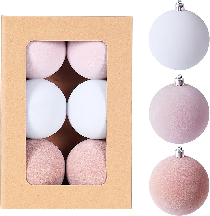 Amooca 3.15in Large Christmas Balls Ornaments Flocking Xmas Tree Hanging Decoration New Year Holiday Party Baubles 6pc Set Pink White
