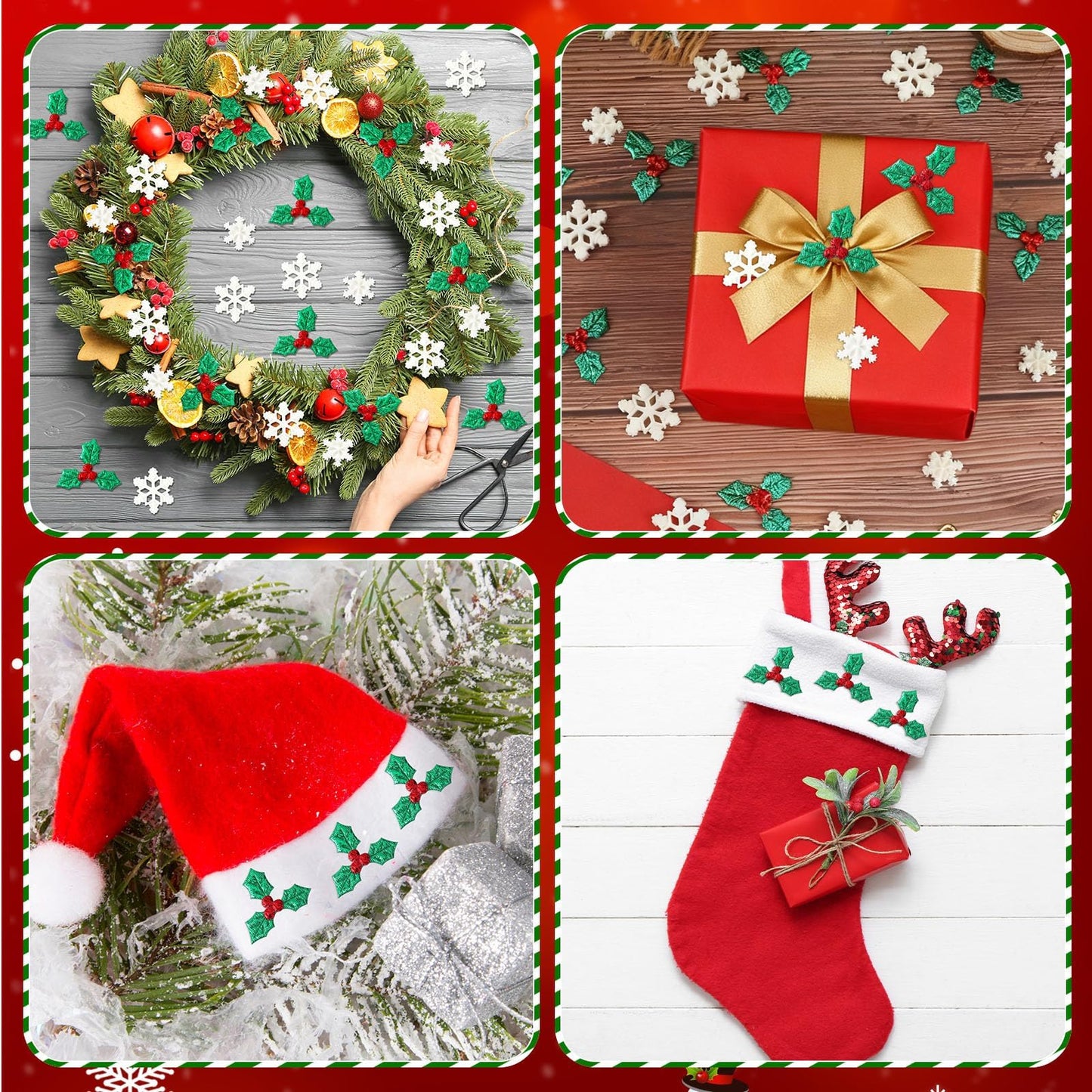 JUNEBRUSHS 120Pcs Miniature Resin Christmas Decorations, Mini Resin Snowflake Holly Leave Berries, Christmas Embellishment for Xmas DIY Craft Wreath Tree Home Table Decor Floating Vase Filler
