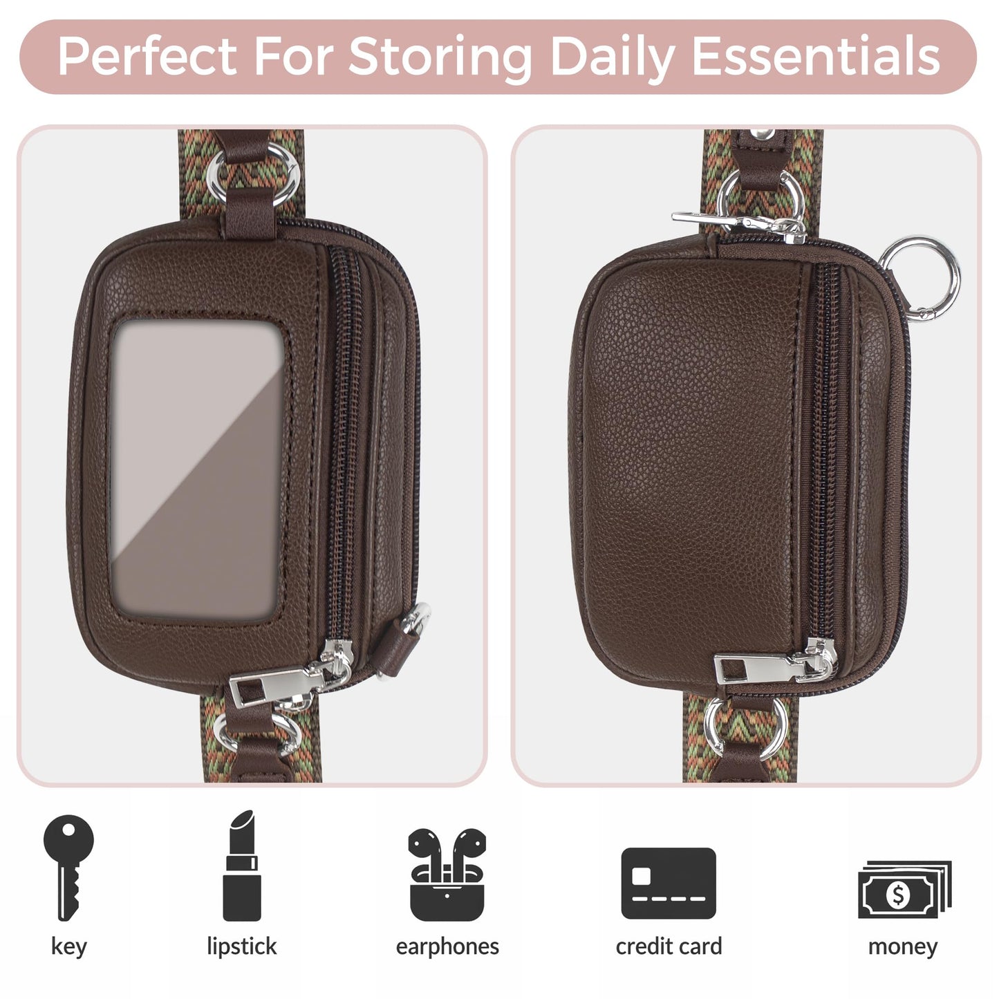 Zencjklixo Clip and Go Strap Cell Phone Pouch Lanyard Crossbody with Wallet Adjustable Leather Purse Strap Anti Theft Pu Wrist for Women Teacher with Id and Passport(Coffee)