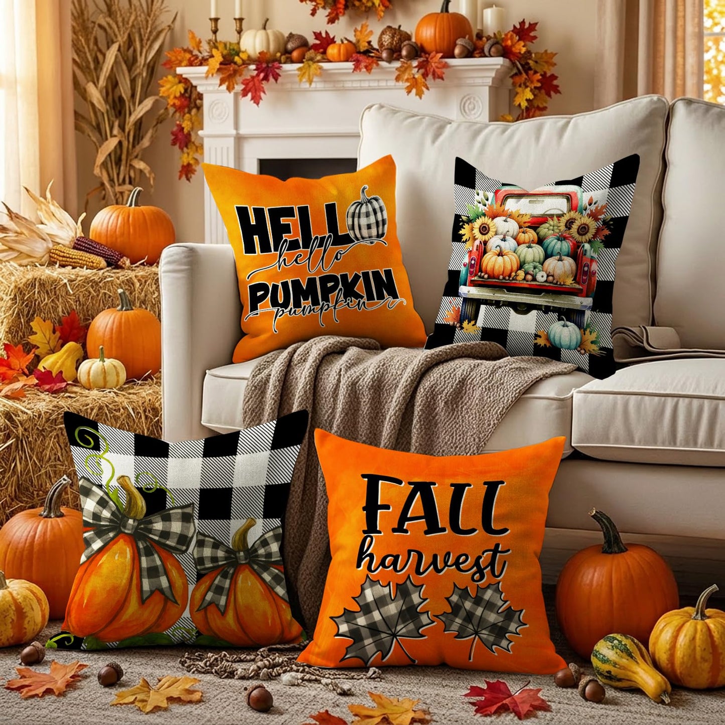 HDVUHKI Fall Pumpkin Pillow Covers 16x16 inch Set of 4, Linen Autumn Outdoor Thanksgiving Harvest Farmhouse Buffalo Check Truck Orange Decorations for Sofa Couch