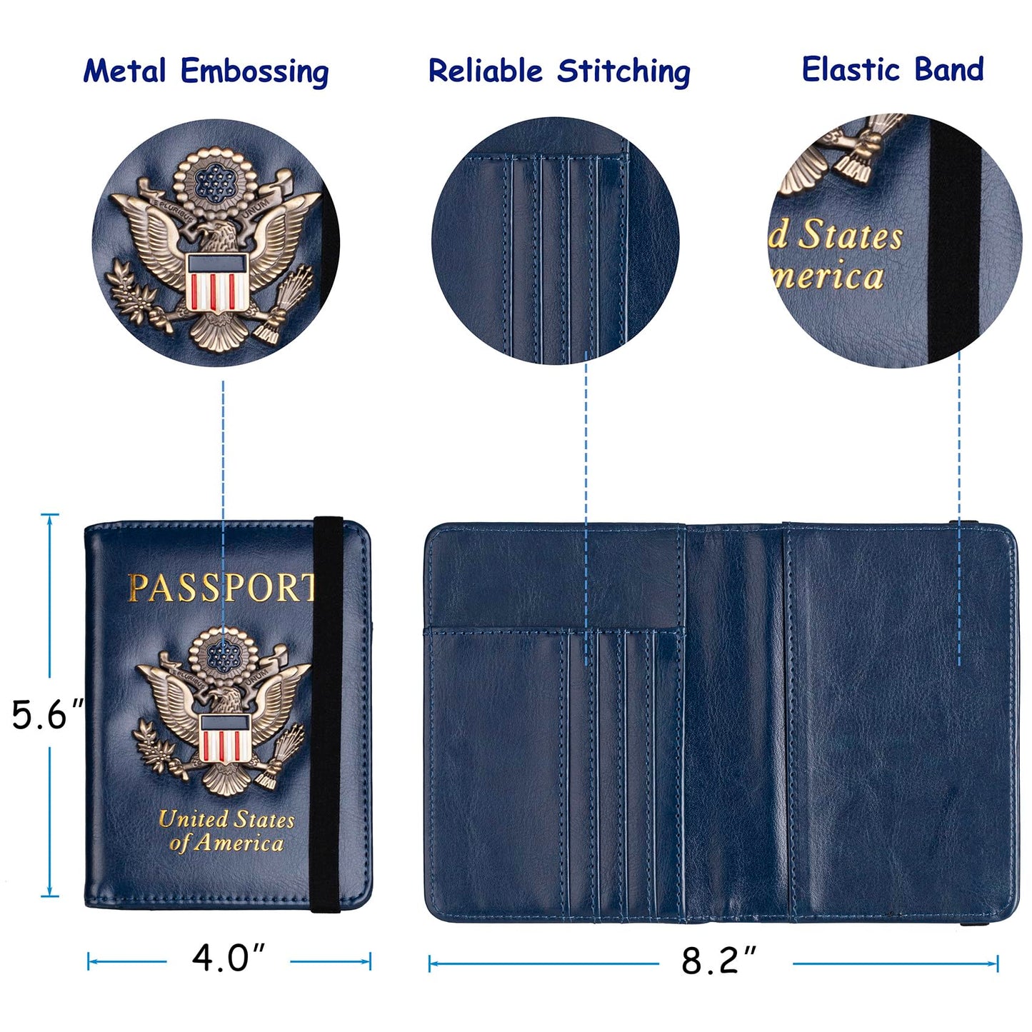 TOURSUIT RFID Blocking Passport Holder for Women Men, Leather Passport Travel Wallet with 3D Metal Badge, Travel Document Holder Cover Accessories (Dark Blue)