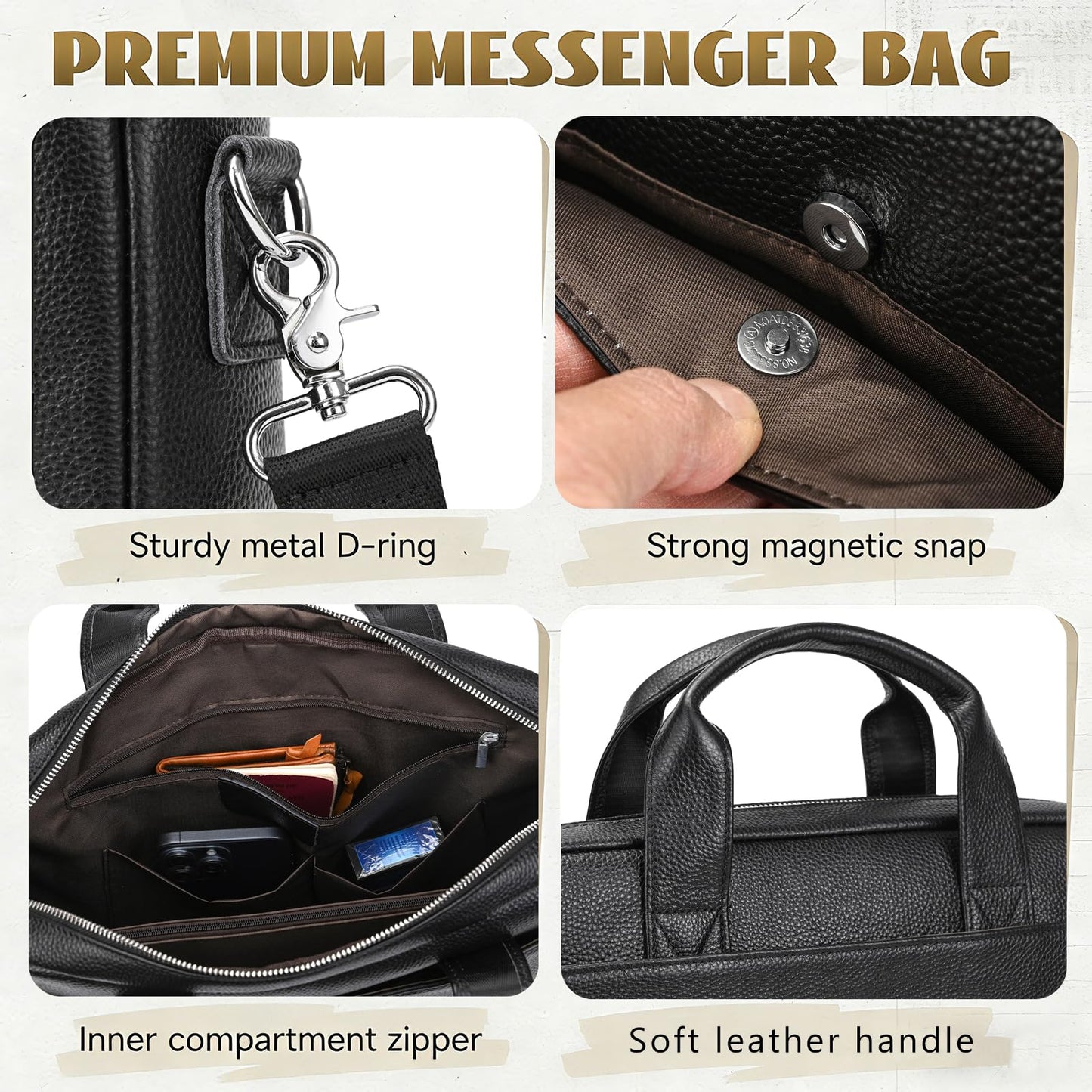 Leather Laptop Bag for Men, Laptop Briefcase Fits Up to 15.6 Inch Notebook, Portable Shoulder Messenger Crossbody Bag for Travel Business Office