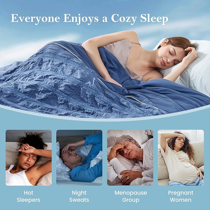 Cozy Bliss Cooling Comforter Seersucker Plaid Twin, Q-Max 0.4 Reversible Lightweight Cooling Blanket, Breathable Silk Smooth Summer Bedding Quilt for Hot Sleepers Night Sweats Denim Blue