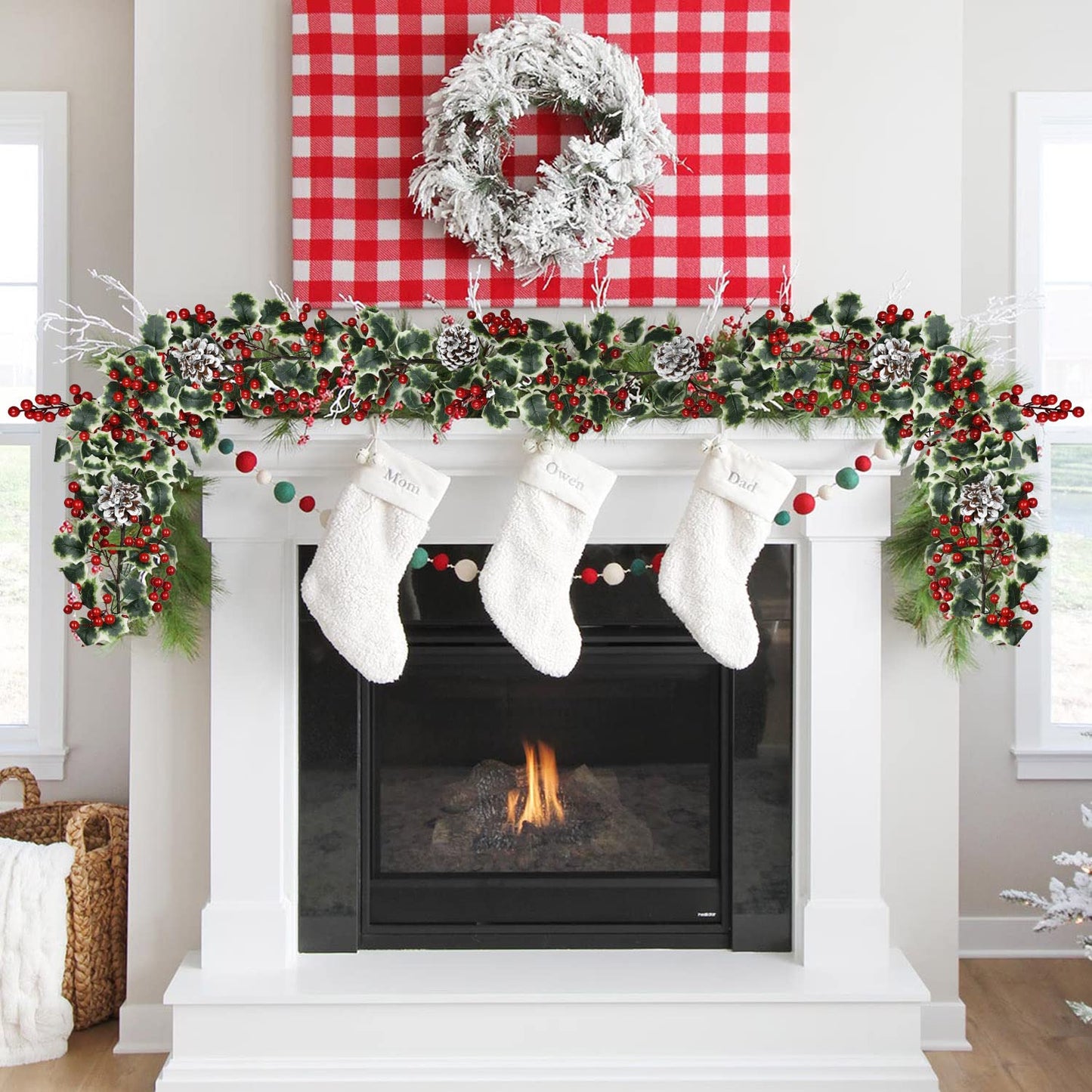 DearHouse 6FT Red Berry Christmas Garland with Pine Cone, Artificail Garland Indoor Outdoor Garden Gate Home Decoration for Winter Holiday New Year Decor