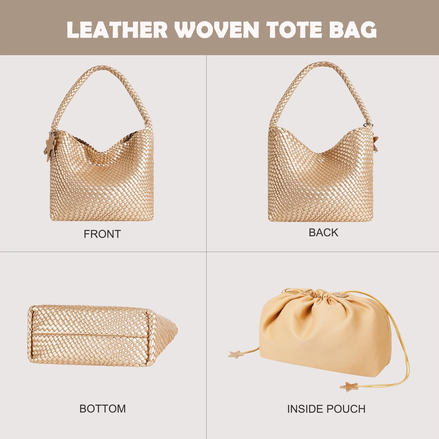 Leather Woven Tote Bag, Vegan Leather Slouchy Hobo Bag for Women, Large Shoulder Handbag Woven Purse (Gold-Large)