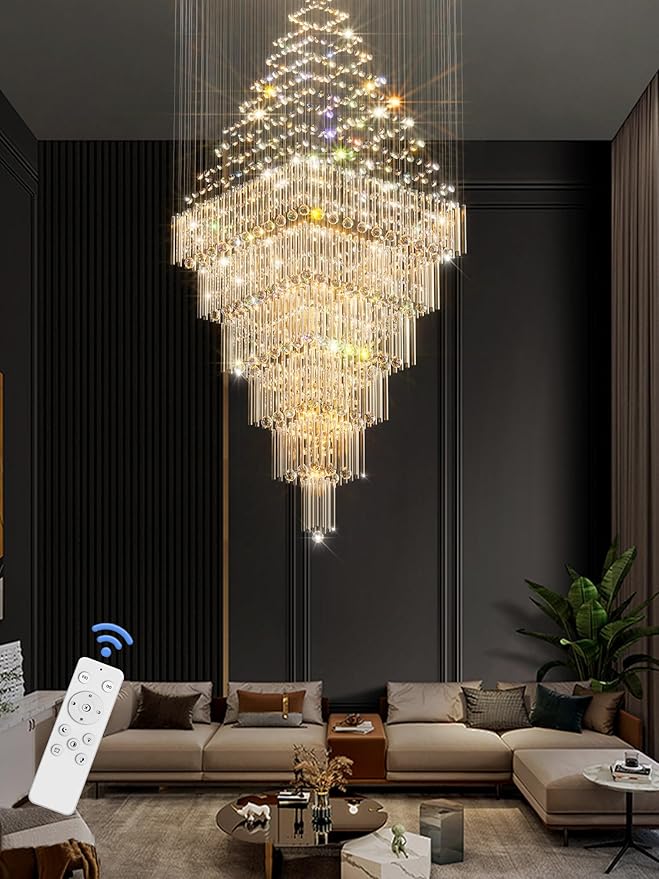 Flashing God D48''X H120'' Extra Large Chandeliers for High Ceilings Square Crystal Raindrop Gold Chandeliers Large Villa Chandelier Entrance Foyer Ceiling Light LED Dimmable 2700K-6000K