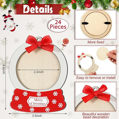 Blulu 24 Pcs Christmas Snowball Picture Ornament Bulk Snowflake Wooden Photo Frame Ornaments Christmas Hanging Ornaments for Tree Stockings Decorations