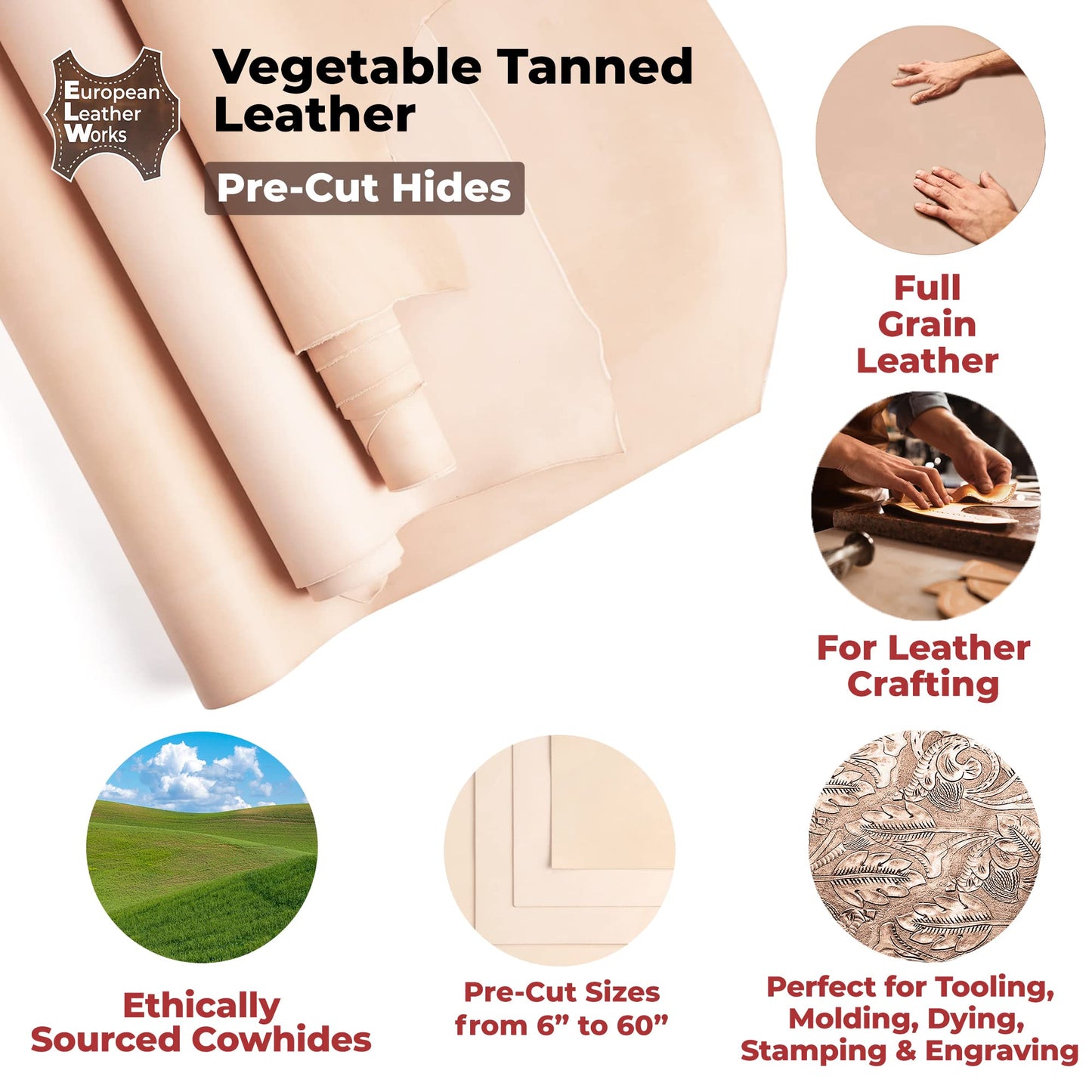 ELW Vegetable Tanned Leather 8-9 Oz. (3.2-3.6mm) Thickness | Pre-Cut 12"x24" | Tooling Leather Cowhide - Full Grain Leather Good for Crafting, Saddlery, Home Decor, Holsters, Knife Sheaths, Stamping