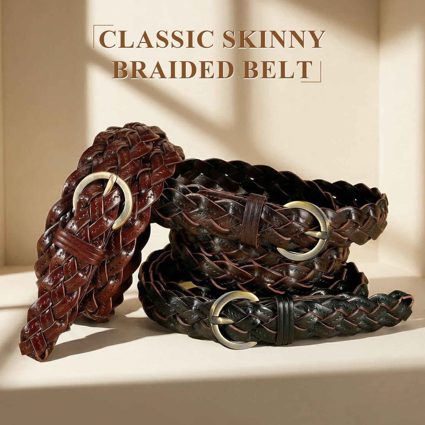 XZQTIVE 2 Pack Women's Braided Leather Belts Casual 0.9" Skinny Woven Belt for Jean Pant